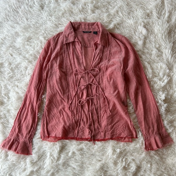 American Eagle | Coral Front Tie Long Sleeve Blouse - Picture 1 of 8